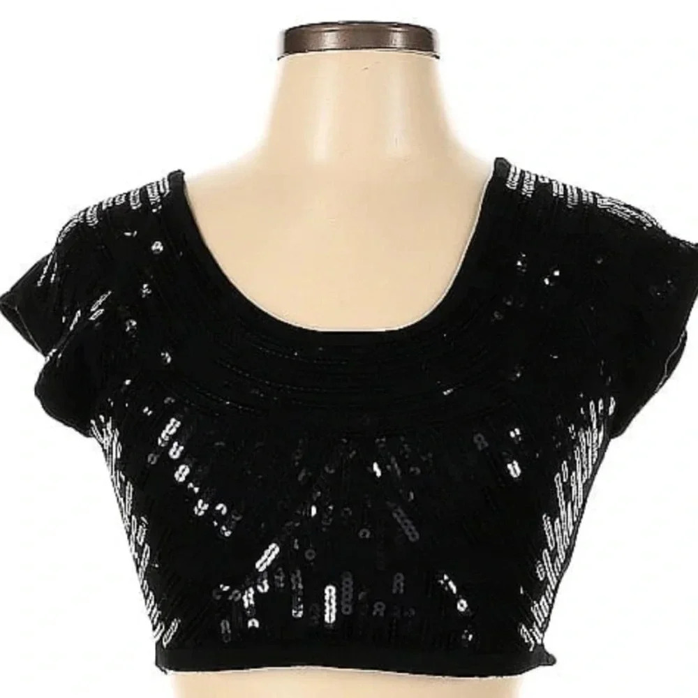 Vintage Bebe Black Sequin Short Sleeve Crop Top Blouse Size L Large Y2K